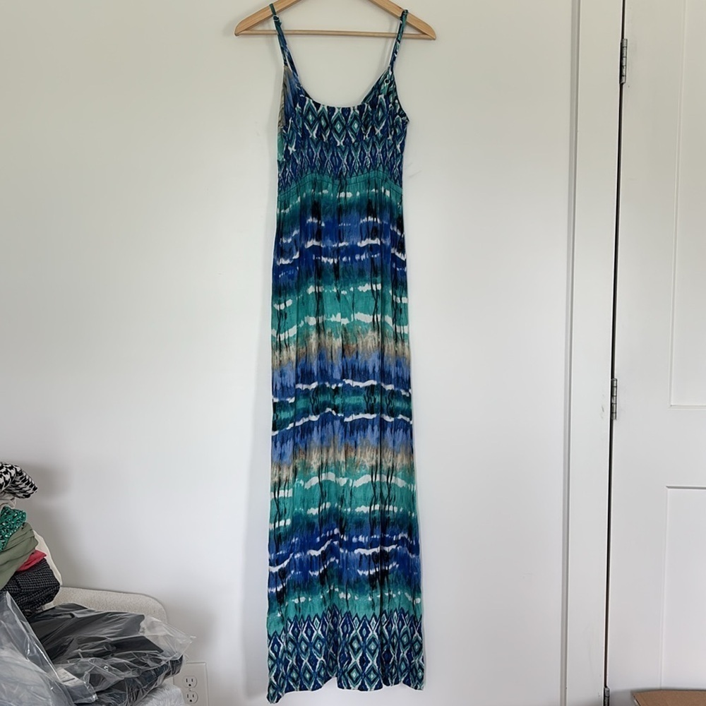 Aqua Tie Dye Colorful Tropical Spaghetti strap flowy vacation maxi dress smocked - Picture 5 of 8